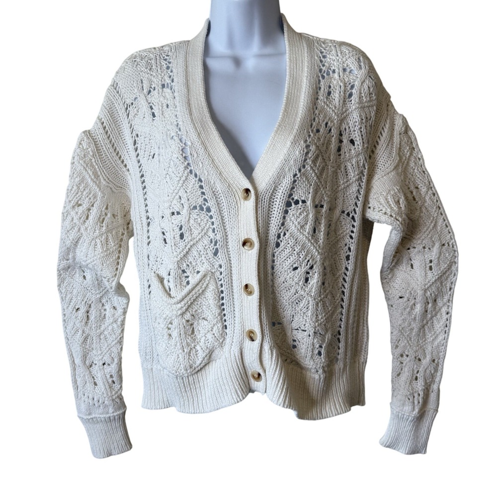 Sundance Cotton Cardigan Sweater Women's‎ S Cream Open Knit Button Front Pocket